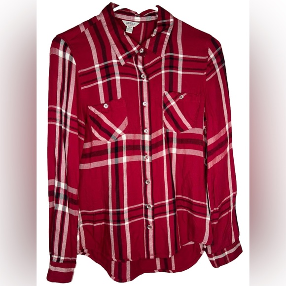 GUESS Plaid Button Up Long Sleeve Button Pockets at Chest Shirt Viscose Size XS - Picture 1 of 13